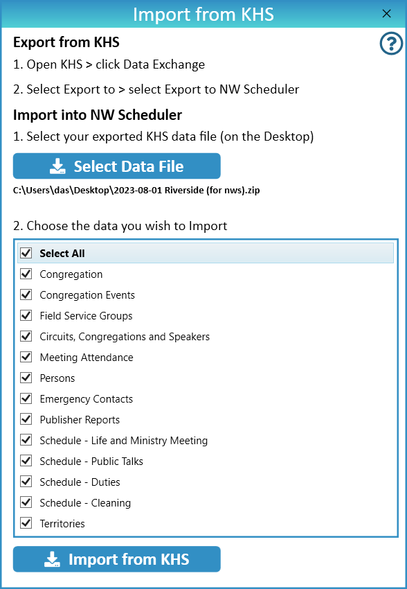 Import KHS data into NW Scheduler Congregation Everything New World Scheduler