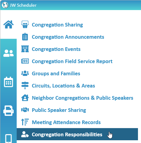 New World Scheduler Congregation Responsibilities menu