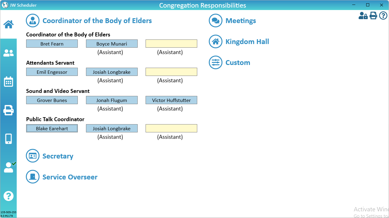 New World Scheduler Congregation Responsibilities view