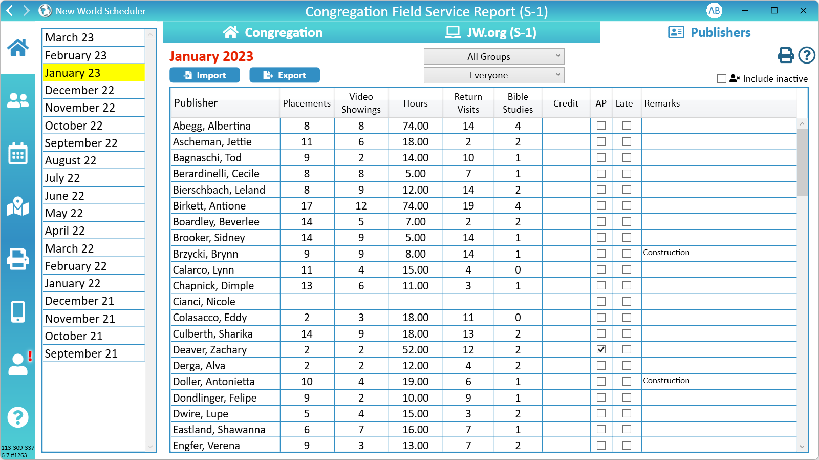 NW Scheduler Congregation Field Service Report S-1 Publishers