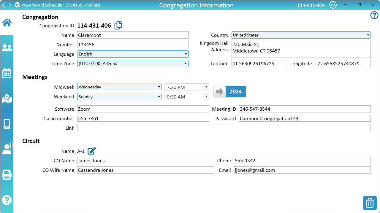 NW Scheduler Congregation Information 2024 New World Scheduler