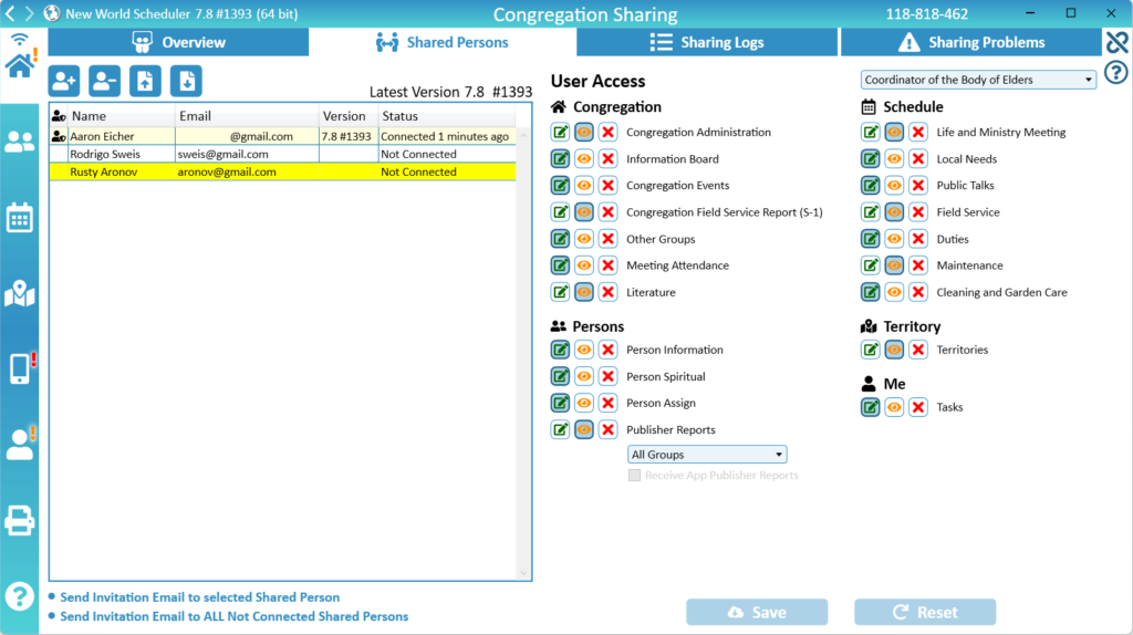 NW Scheduler Congregation Sharing Shared Persons User Access 2025.2 New World Scheduler
