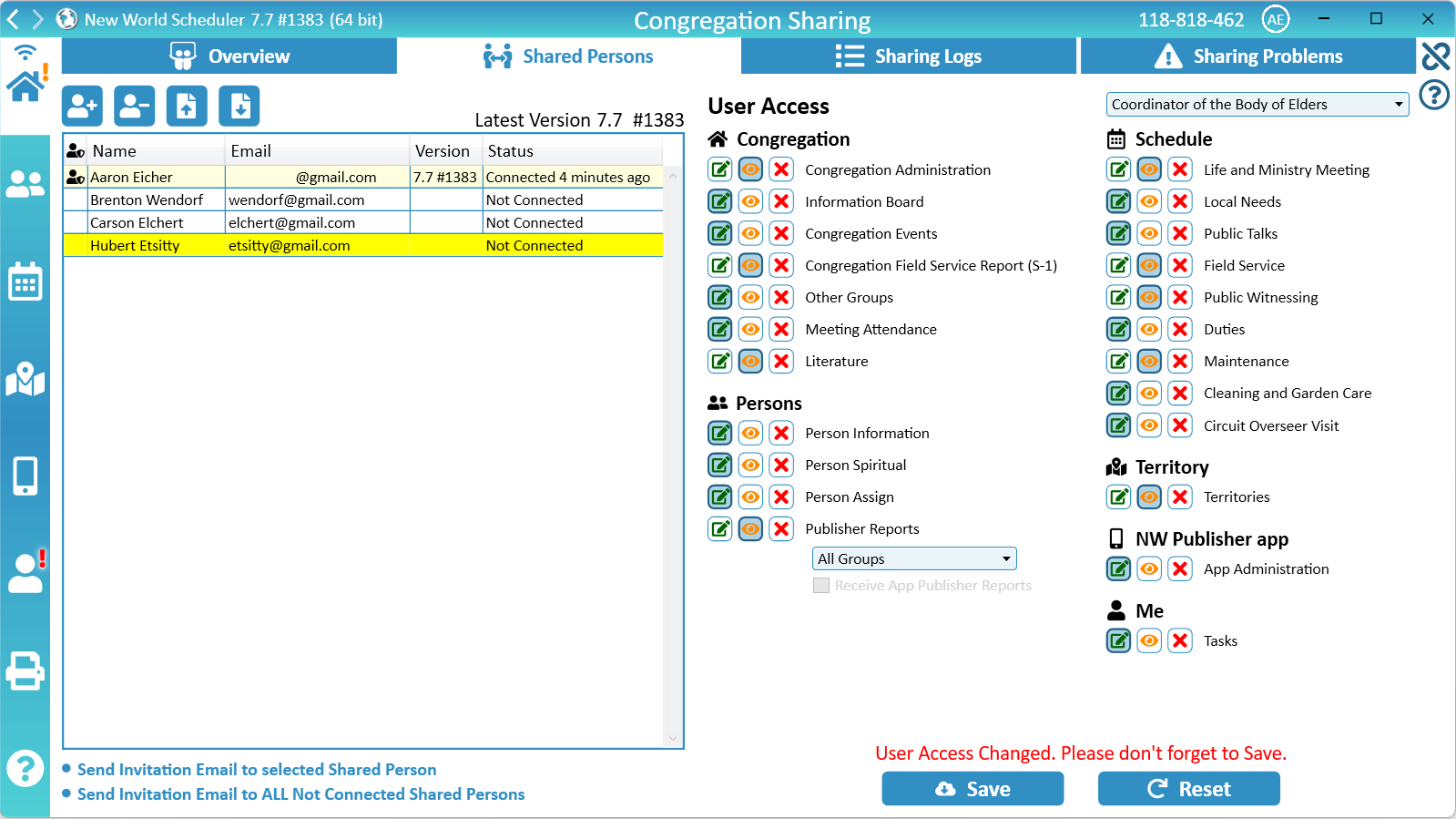 NW Scheduler Congregation Sharing Shared Persons User Access New World Scheduler