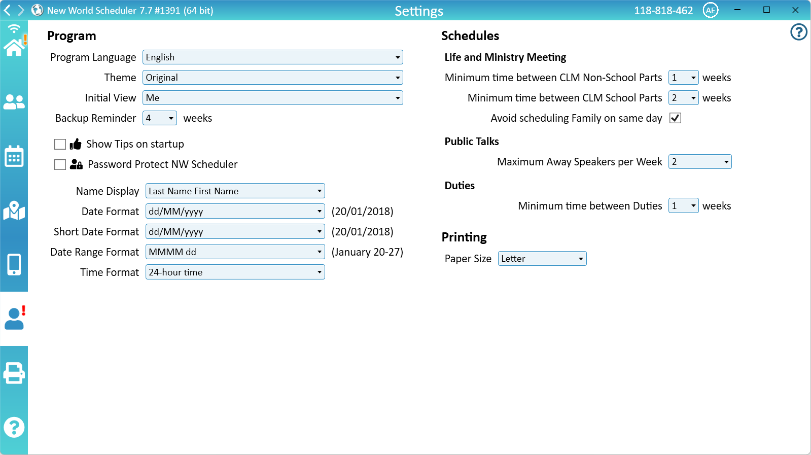 NW Scheduler Program Settings New World Scheduler