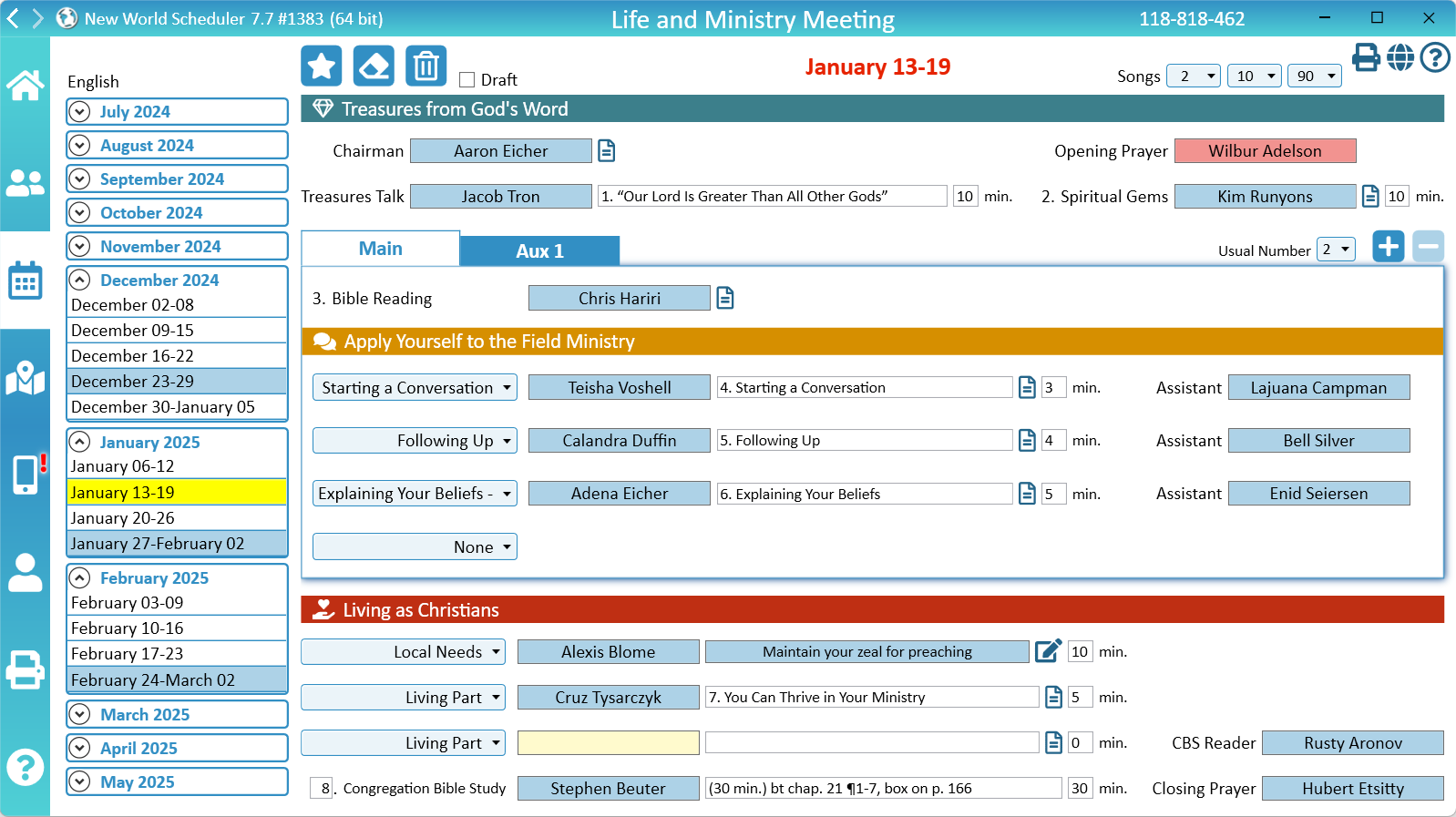 NW Scheduler Schedule Life and Ministry Meeting CLM 1 New World Scheduler