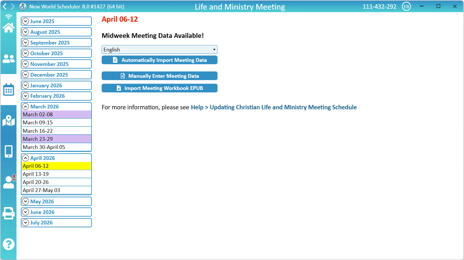 NWS Desktop Schedule Midweek Life and Ministry Meeting Create Meeting Data New World Scheduler