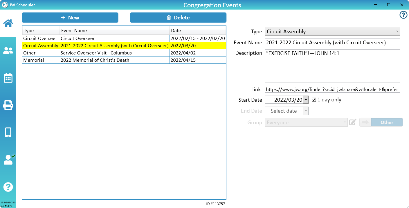 New World Scheduler Congregation Events Circuit Overseer visit Circuit Assembly Memorial Convention Main