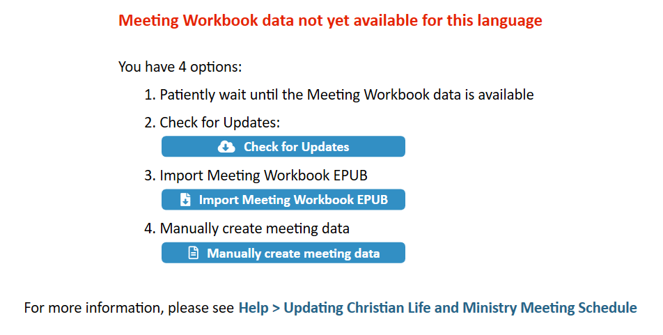 NW Scheduler Schedule Christian Life and Ministry Meeting CLM Meeting Data Not Available New World Scheduler