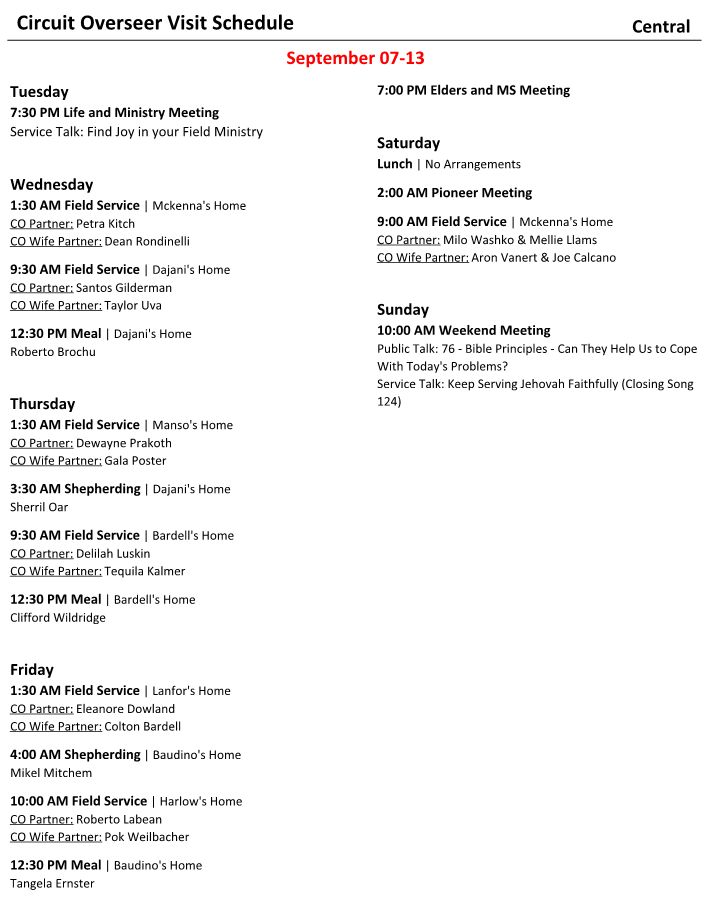 New World Scheduler Reports - Circuit Overseer Visit - Circuit Overseer Visit Schedule