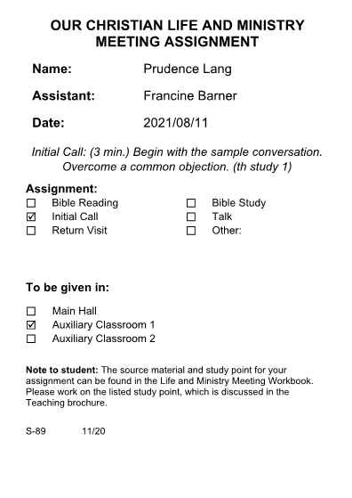 New World Scheduler Reports - Life and Ministry Meeting (CLM) - Our Christian Life and Ministry Meeting Assignment Slip S-89