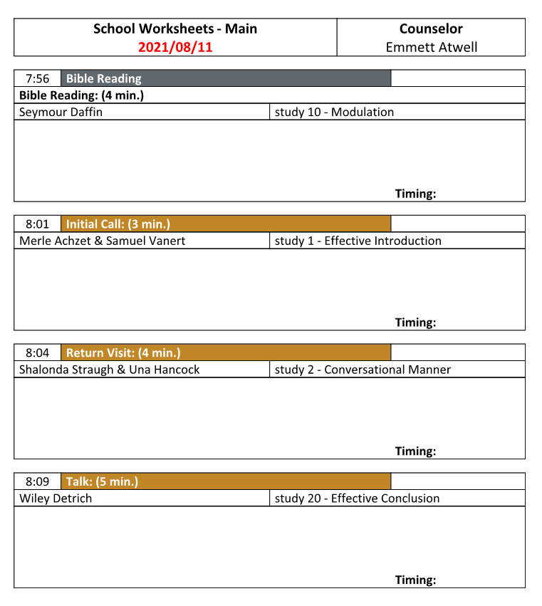 New World Scheduler Reports - Life and Ministry Meeting (CLM) - School Worksheets