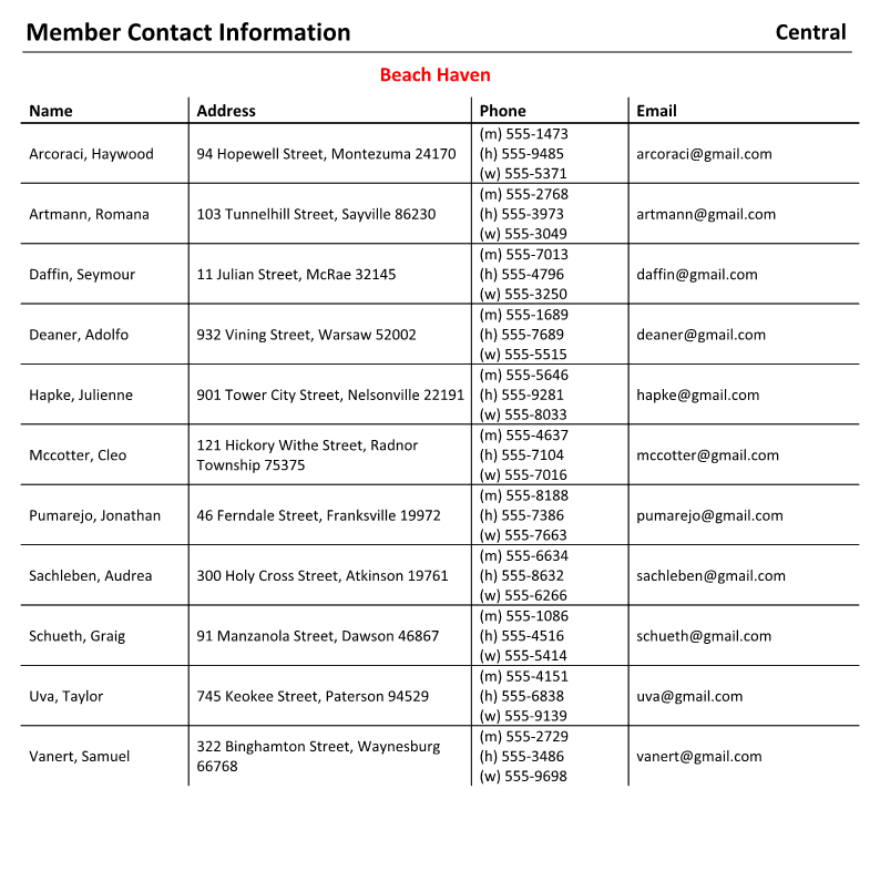 New World Scheduler Reports - Members - Member Contact Information