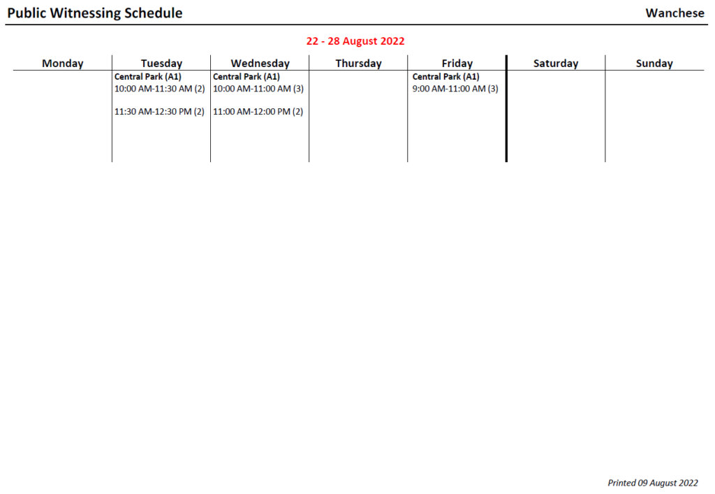 New World Scheduler Reports - Public Witnessing - Public Witnessing Schedule