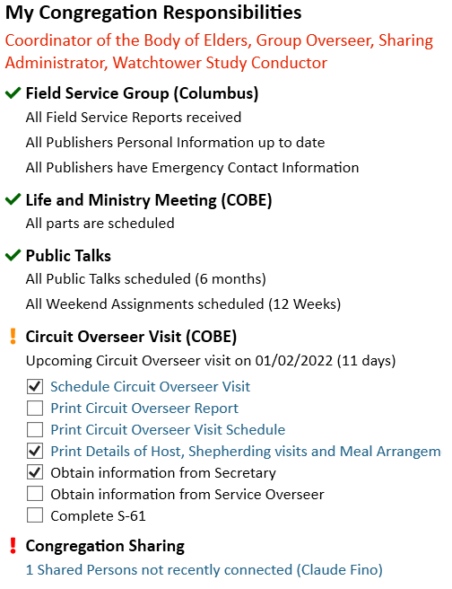 New World Scheduler Me view My Congregation Responsibilities