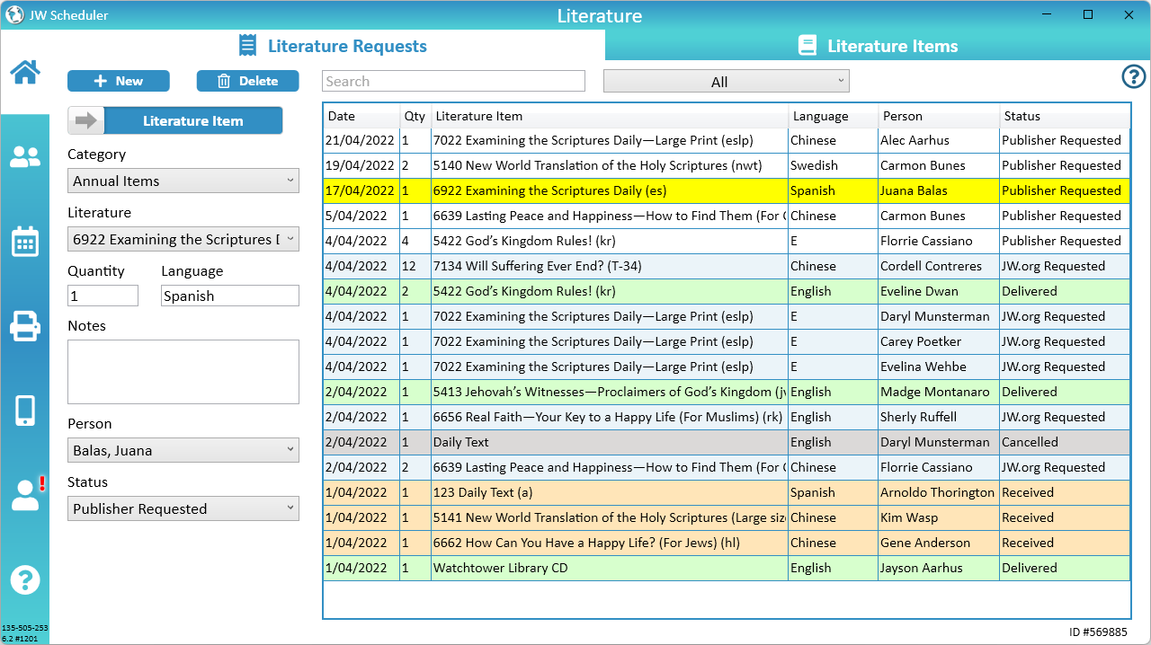 JW Schedule Congregation Literature Requests