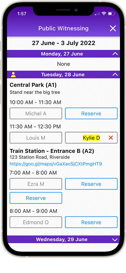 NW Publisher app Public Witnessing Schedule Cart Reservations phone