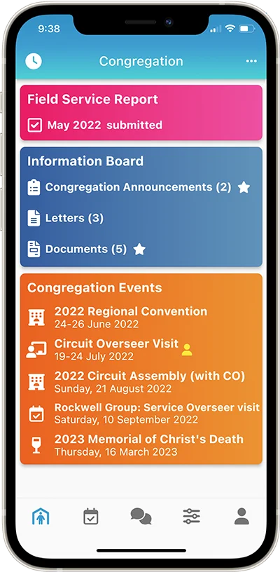 NW Publisher app Congregation Submit Field Service Report Information Board Congregation Events