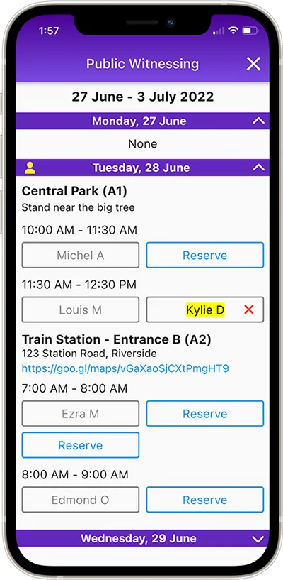NW Publisher app Public Witnessing Schedule Cart Reservations phone