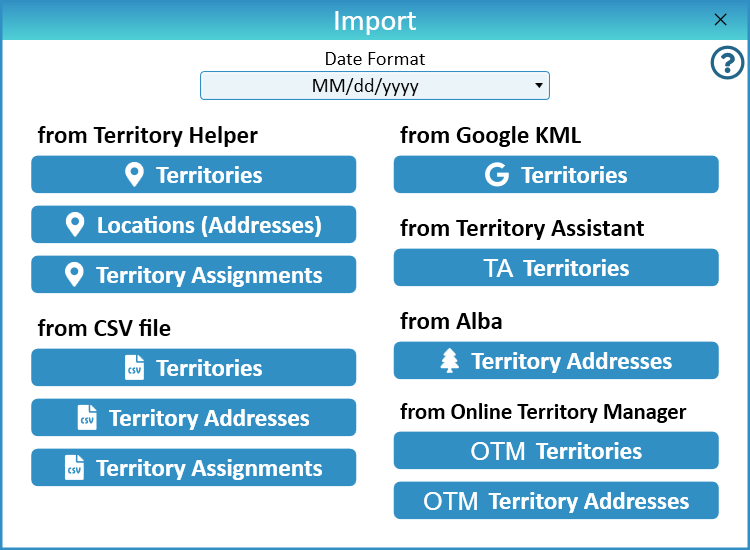 NW Scheduler Import Territories and Maps from Territory Helper Alba KHS Territory Assistant OTM Google CSV New World Scheduler