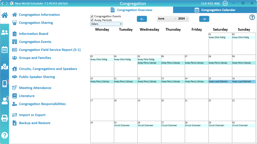 NW Scheduler Congregation Calendar New World Scheduler