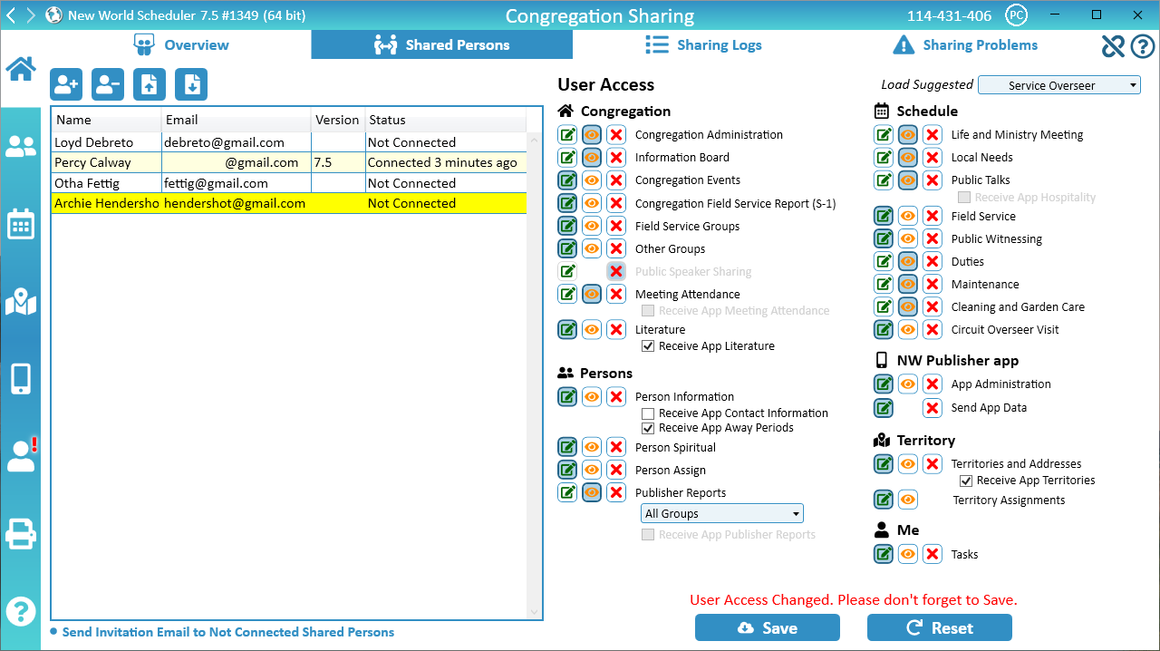 NW Scheduler Congregation Sharing Shared Persons New World Scheduler
