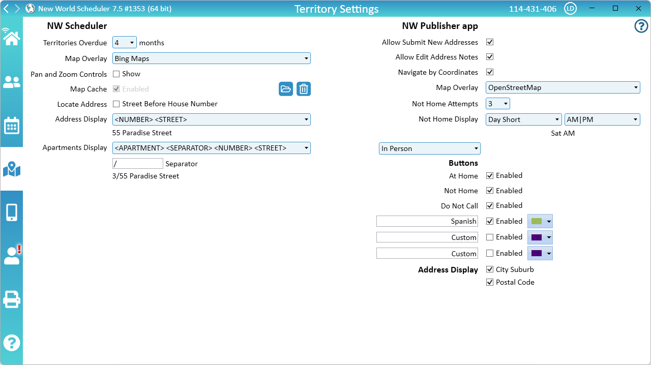 NW Scheduler Territories Territory Settings New World Scheduler